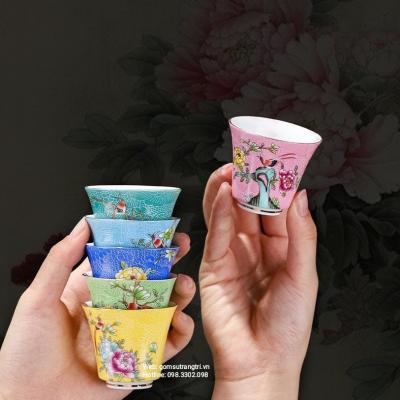 Bộ Chén 6 mầu Chim Hoa Mẫu Đơn